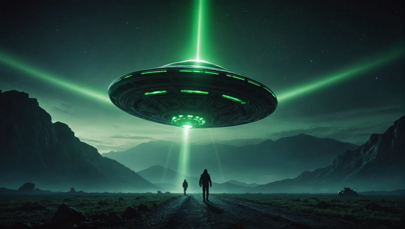 Alien Abduction Scene with UFO in Night Sky