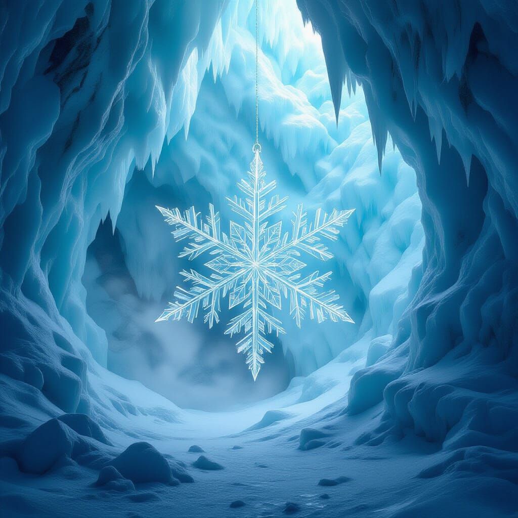 Oversized Snowflake in Vast Ice Cavern