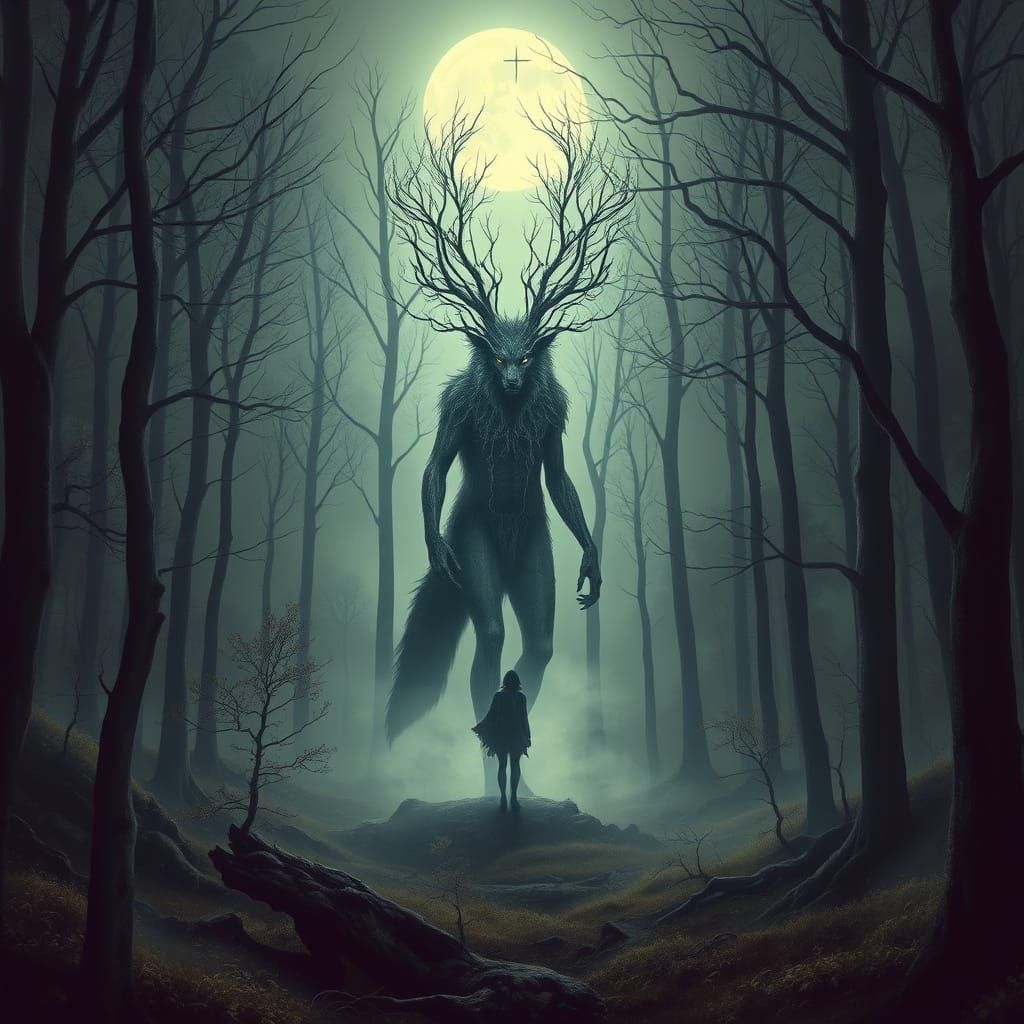Moonlit Shapeshifter Emerges from Forest Fog