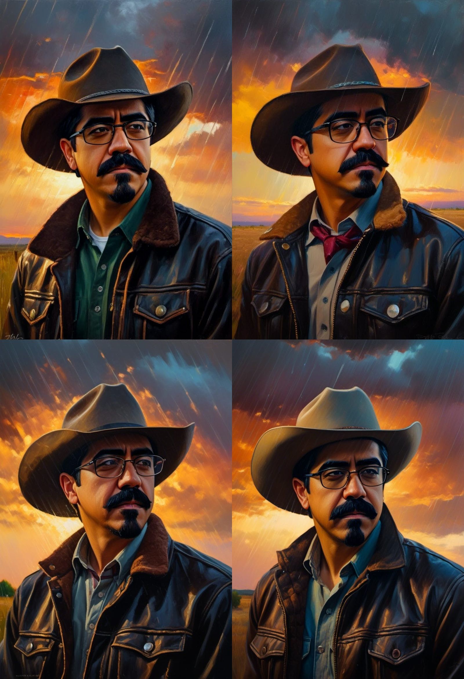 Cowboy Portrait in Sunset Rainstorm: Impressionist Oil Paint...