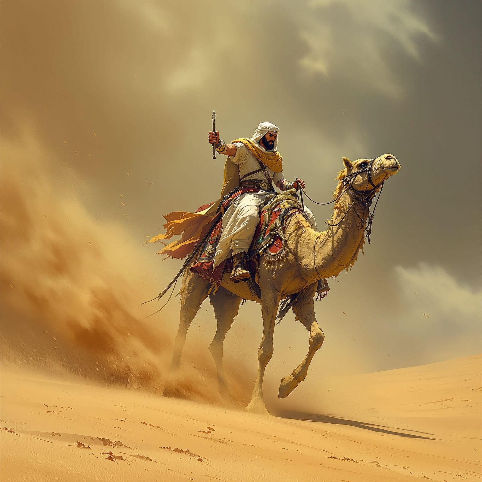 Arab Warrior Rides Camel in Desert Sandstorm