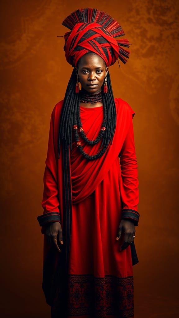 African Woman in Regal Red Attire, Inspired by Cinematic Mas...