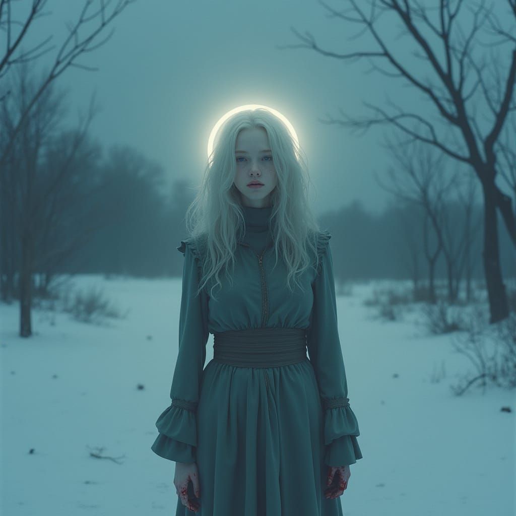 Ethereal Winter Goddess in Desolate Landscape