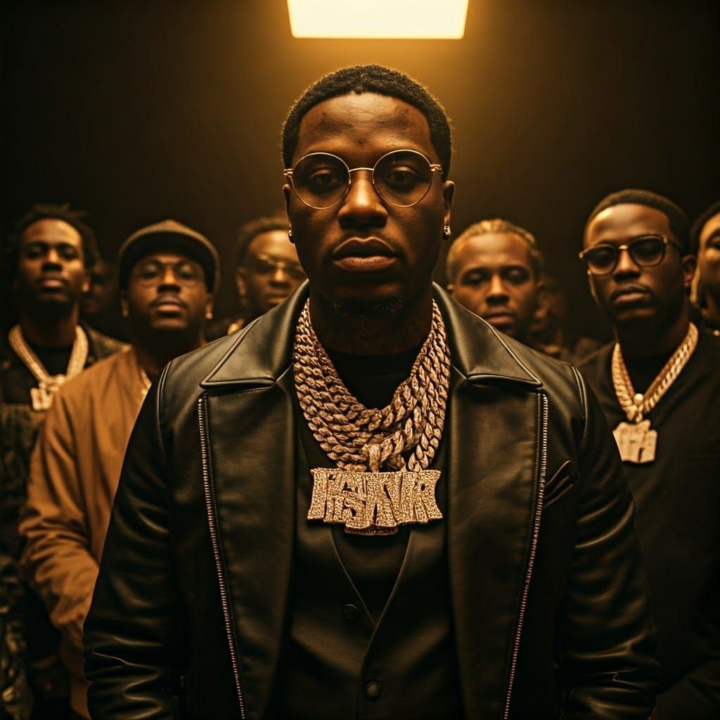 Regal Rapper Surrounded by Entourage, Cinematic Film Still