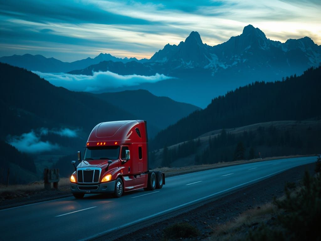 Chrome Semi-Truck on Mountain Pass, Cinematic Lighting