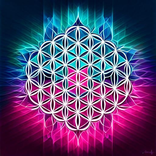 Geometric Flower of Life in Teal and Magenta