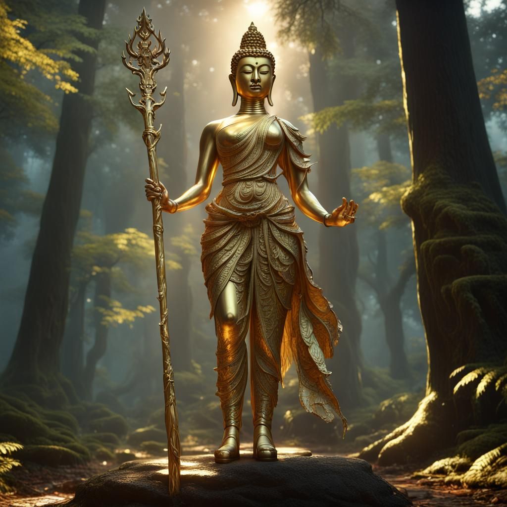 Golden Buddha Statue in Forest: Dark Fantasy Art