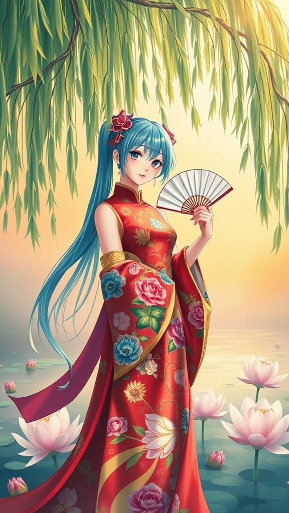 Hatsune Miku at lotus pond