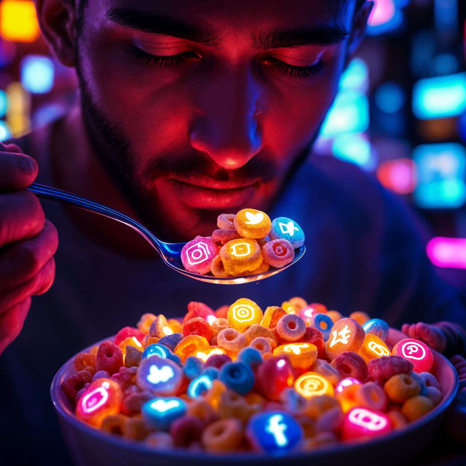Cyberpunk Man Glimpses Neon Social Media Icons in Cereal