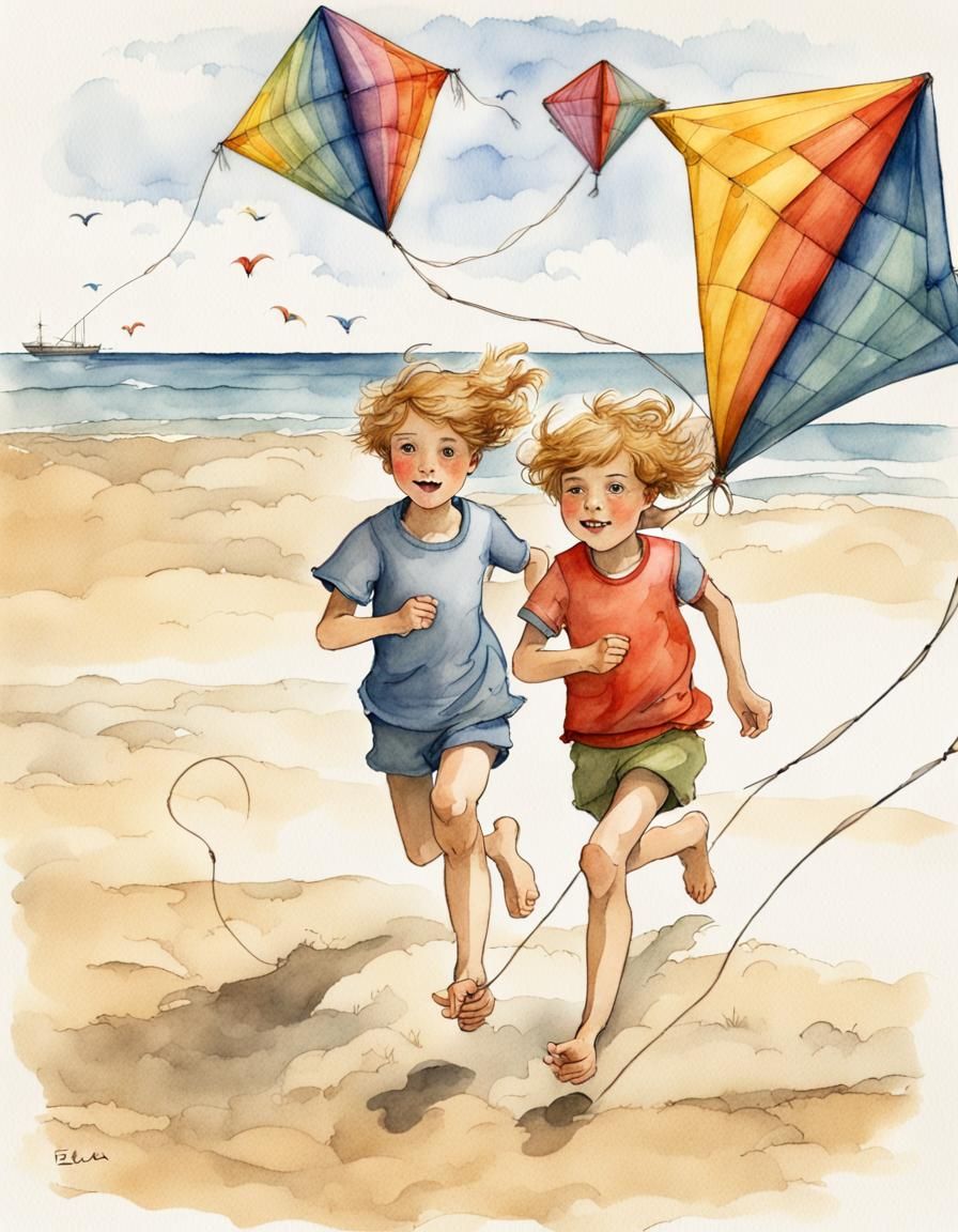 Children Flying Kites: Watercolor Storybook Illustration