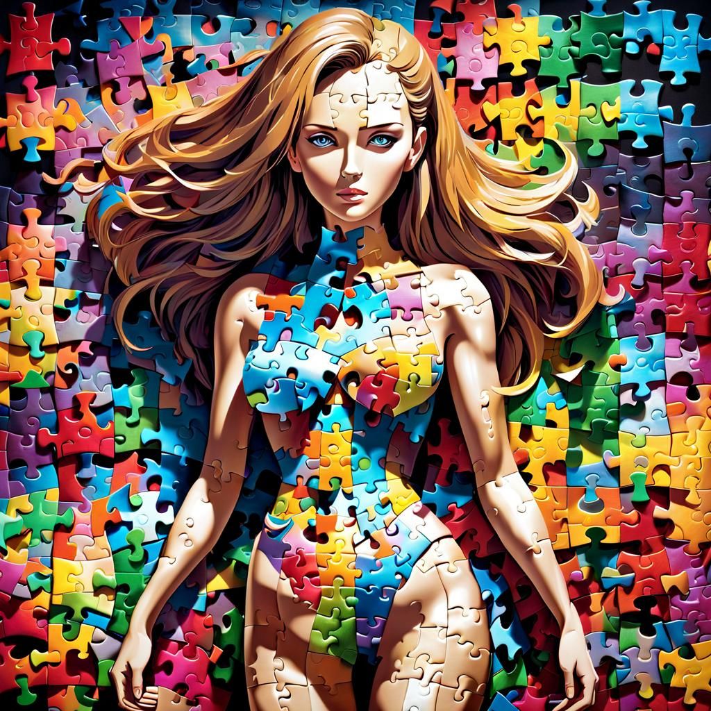 Jigsaw Puzzle Woman Disintegrating: 3D Render