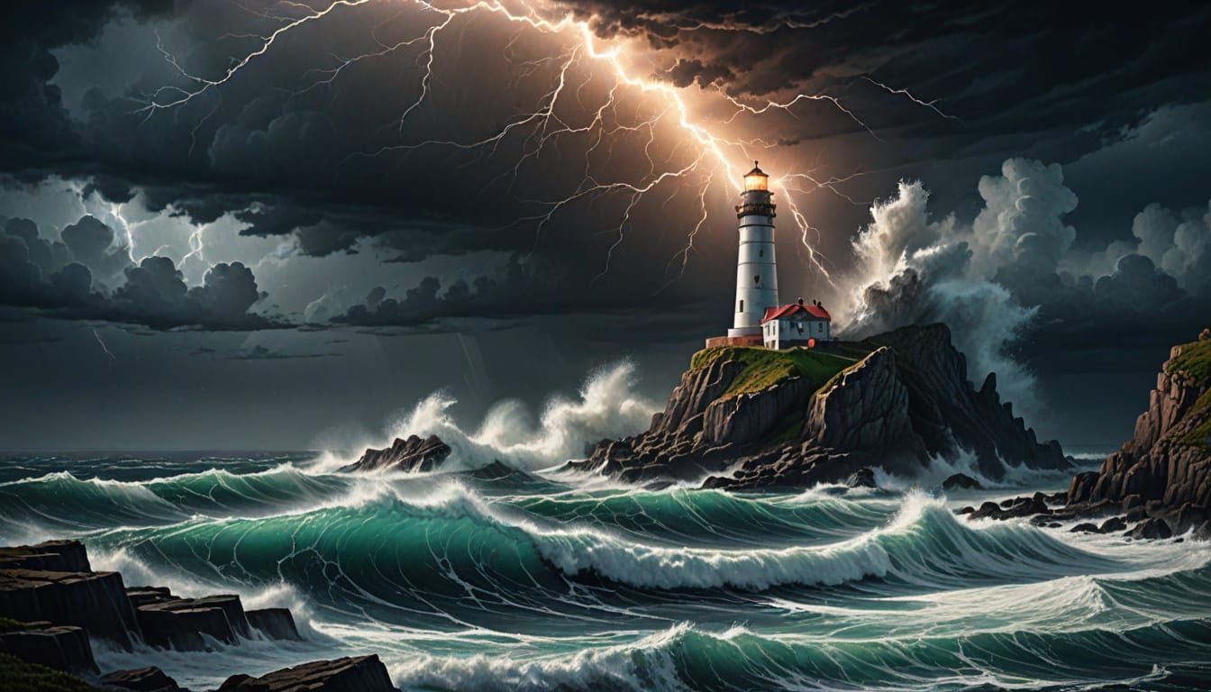 Lighthouse Enduring Stormy Seas: A Digital Masterpiece