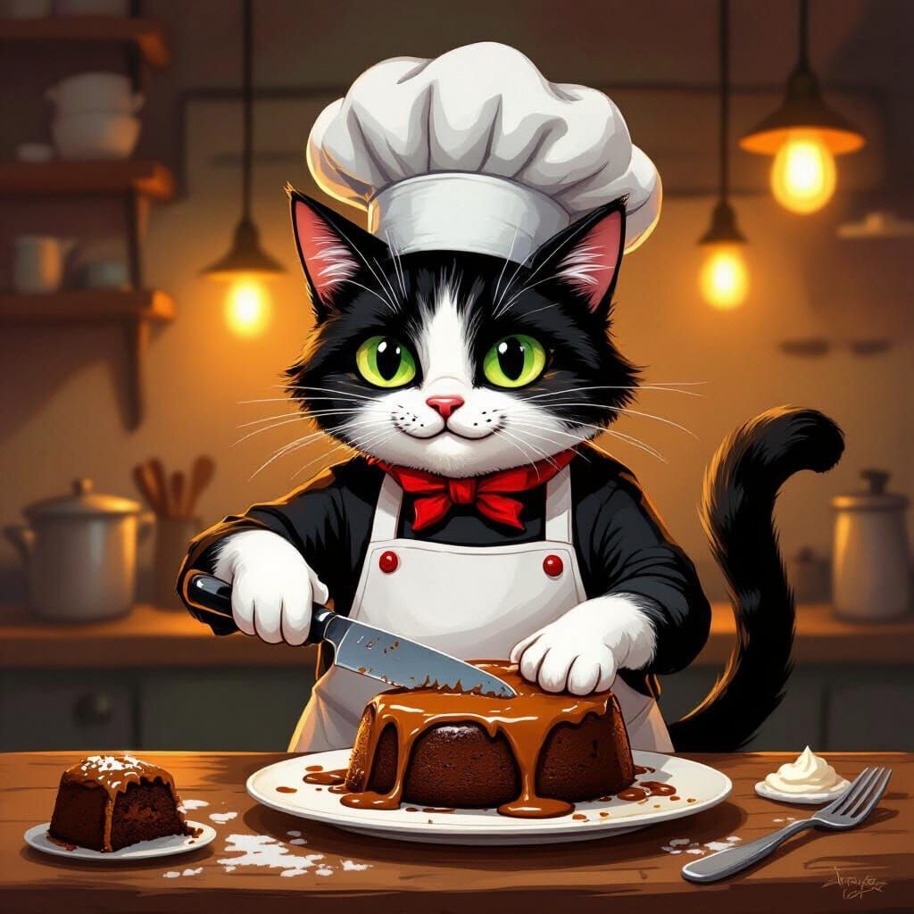 Whimsical Cat Chef Cuts Lava Cake