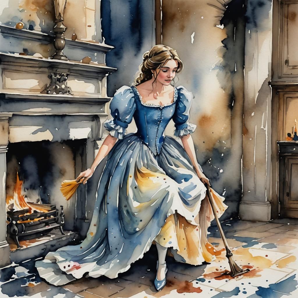 Cinderella Cleaning Fireplace in Watercolor Style