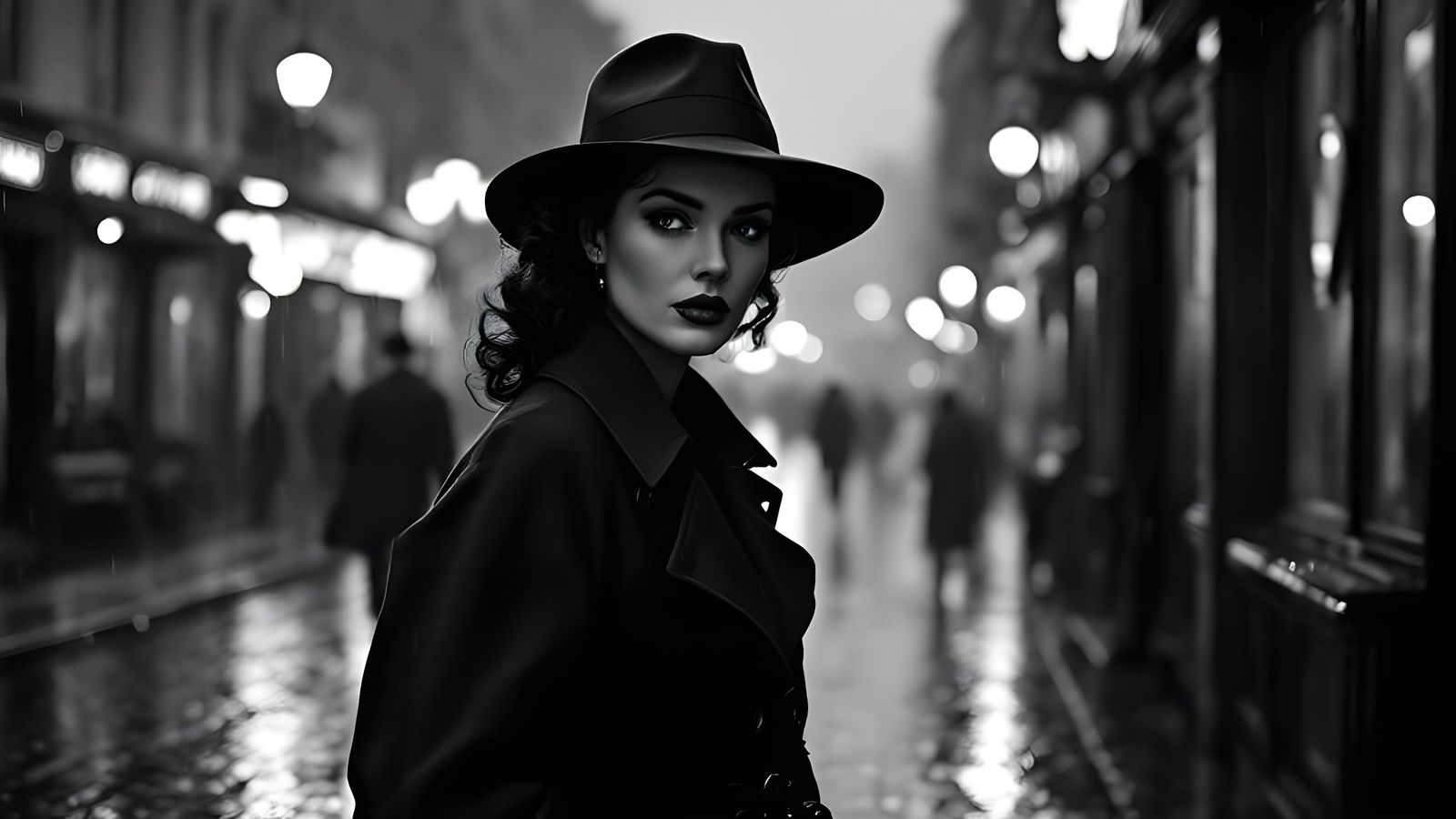 Parisian Woman in Rainy Street: Black and White Photography
