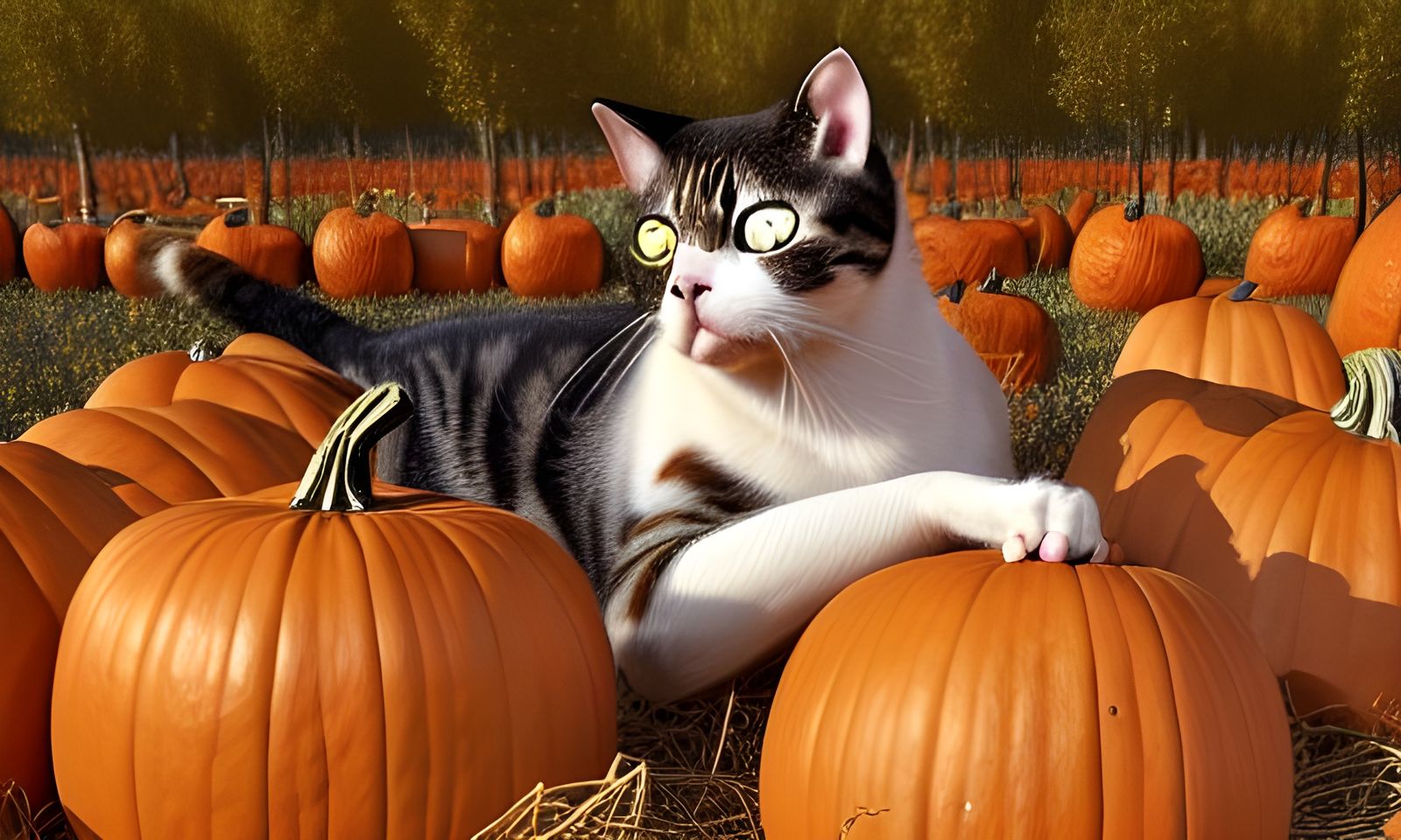 Cat Lady's Serene Pumpkin Patch: Photorealistic Painting