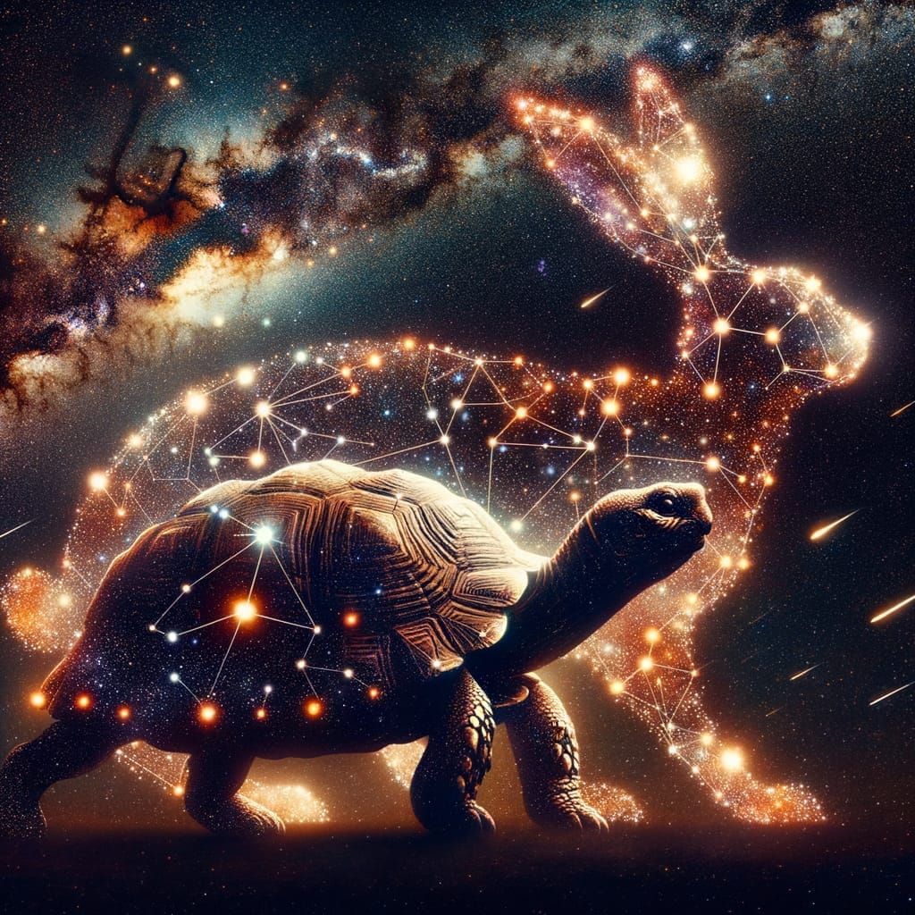 Celestial Tortoise and Hare in Starry Night Sky