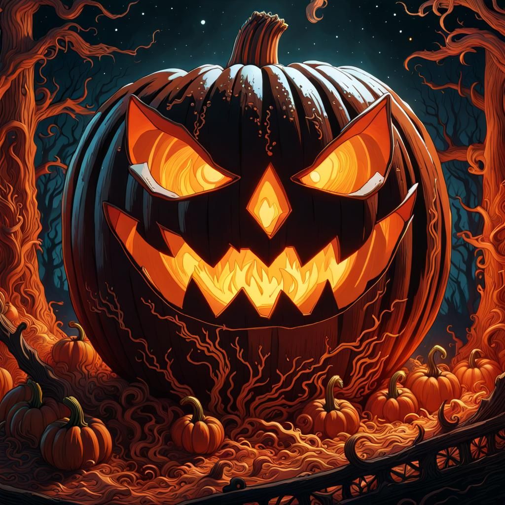 Intricately Carved Scary Pumpkin in 3D