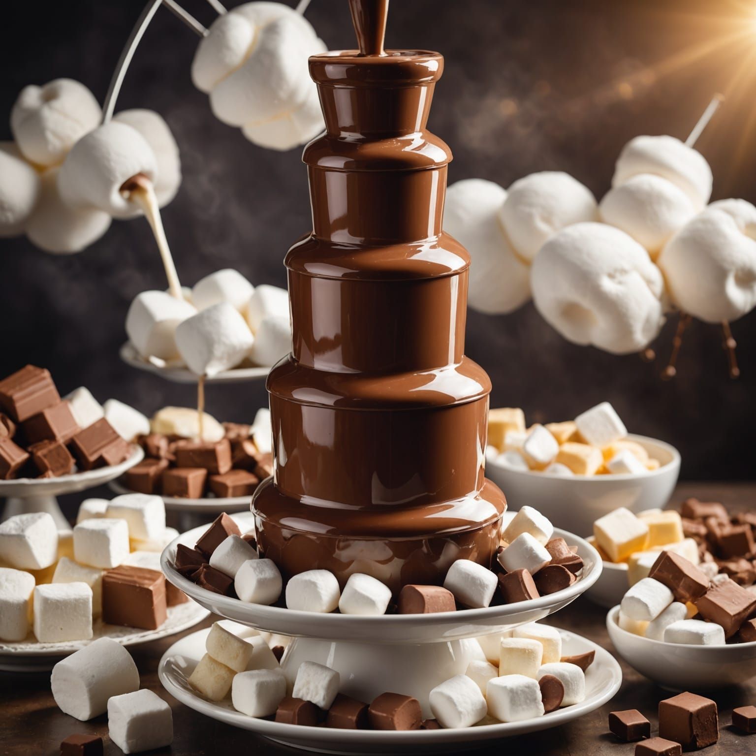 Milk Chocolate Fountain with Marshmallows in Divine Light