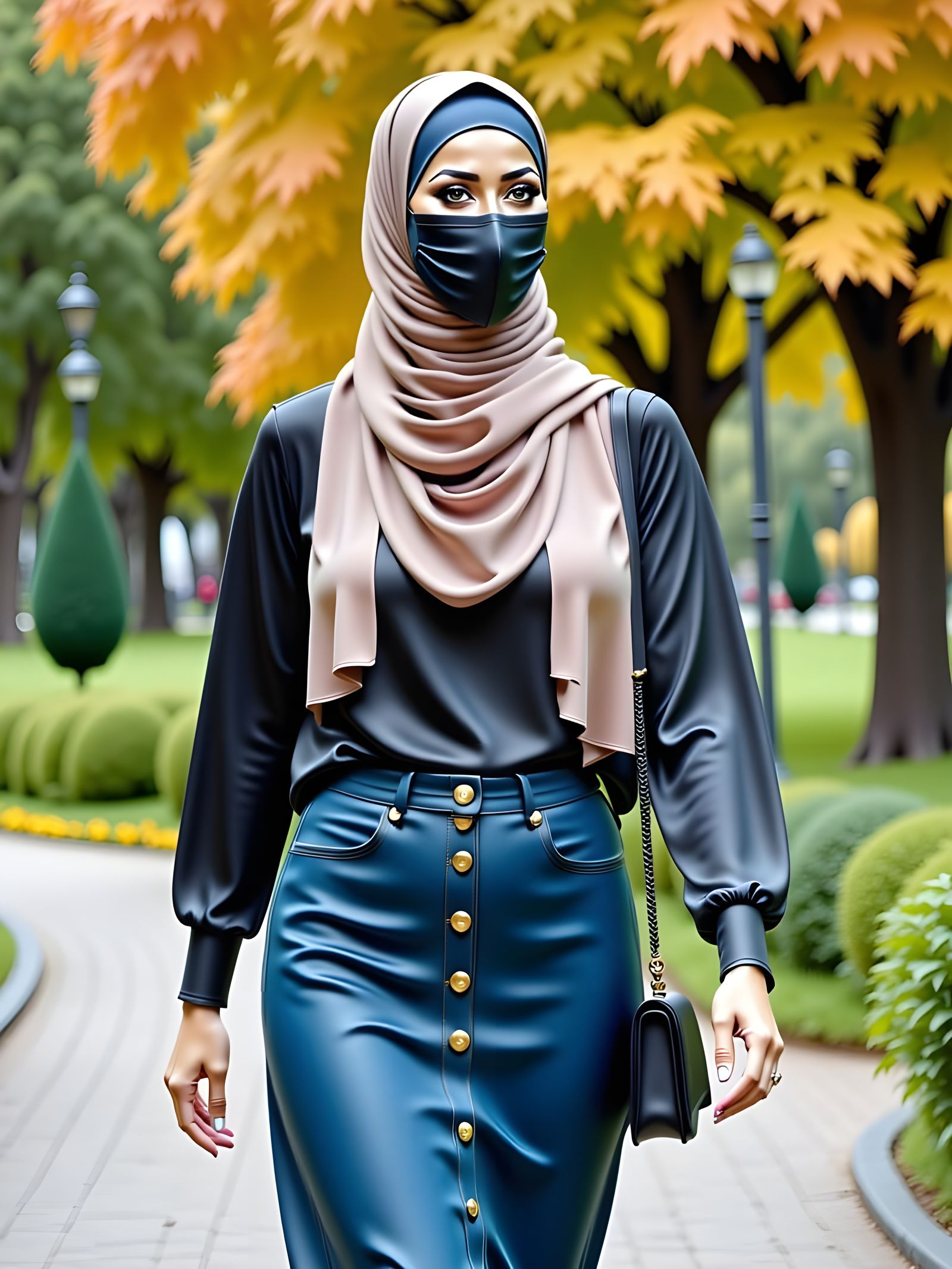 Modest Hijabi Woman Walks in Serene Park Landscape