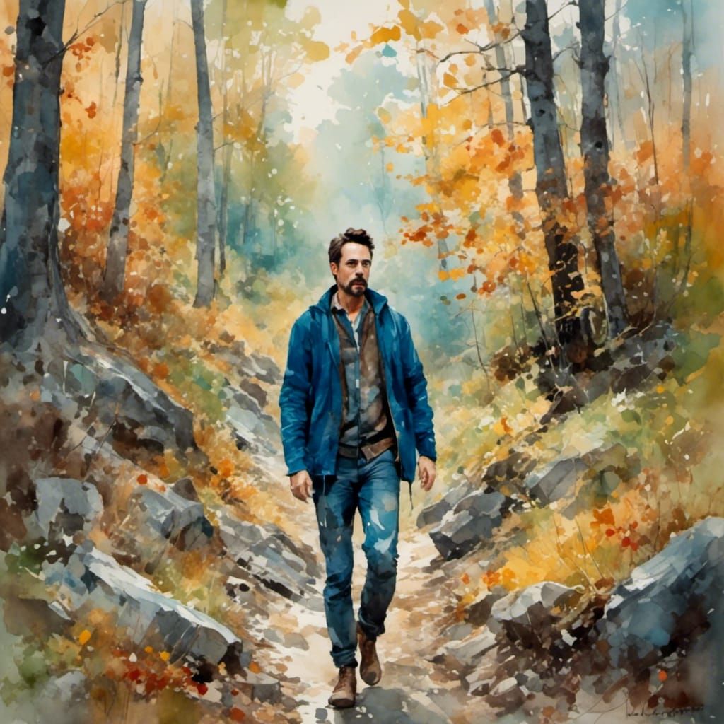 Robert Downey Jr. Walks in Autumn Woods, Watercolor