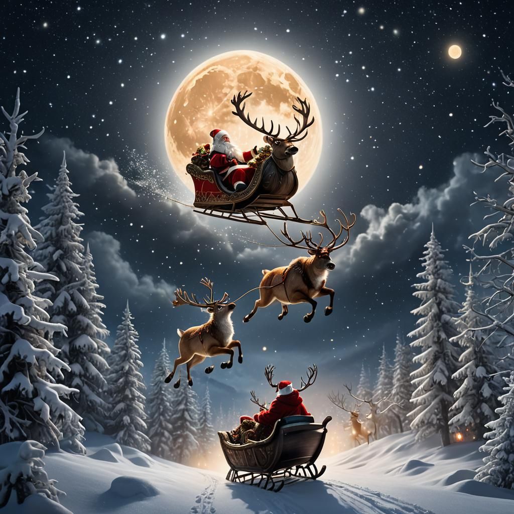Santa Claus Soars Across Starry Night Sky in Sleigh, Reindee...