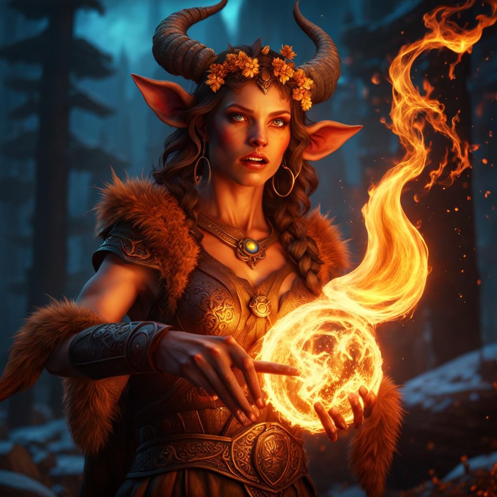 Joyful Satyr Druid Plays with Fire