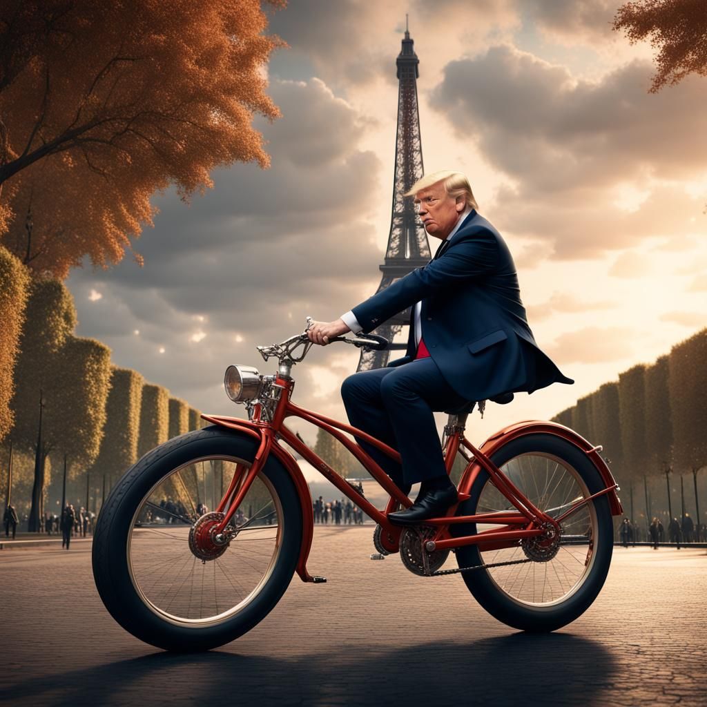 Trump Rides Bike Around Eiffel Tower in Matte Painting