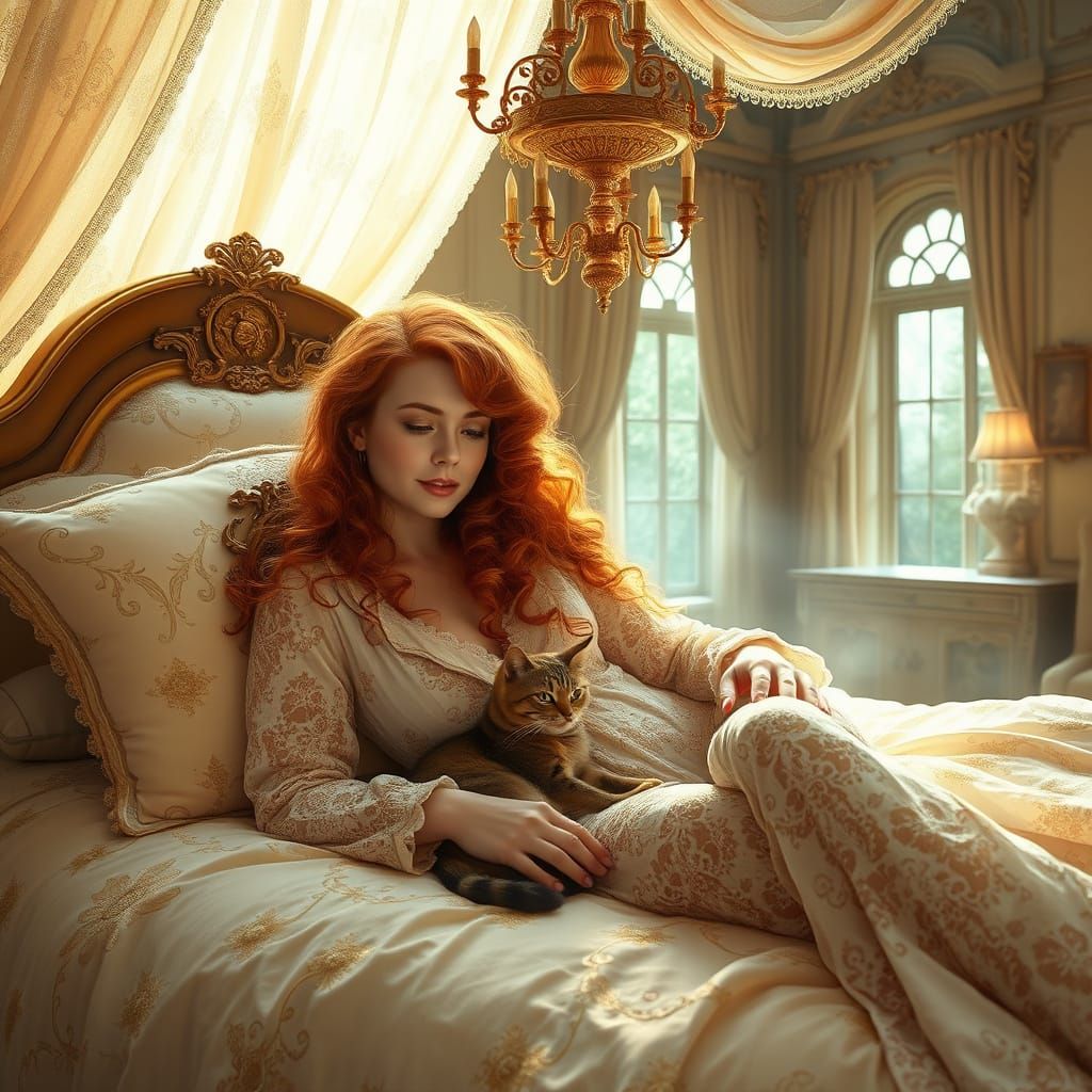 Woman in Lace Pajamas with Cat in Old Mansion