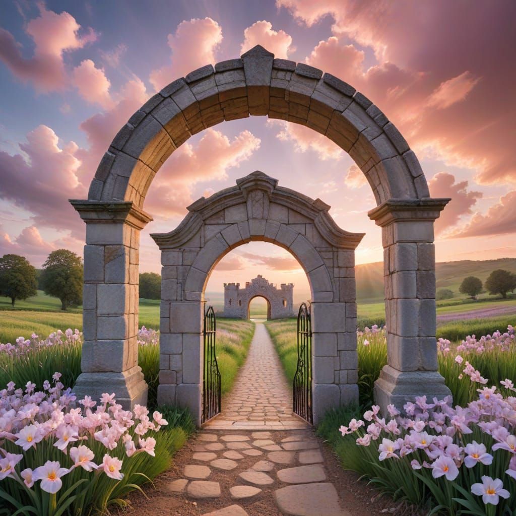 Glowing Portal in Hypnotic Iris with Pastel Clouds