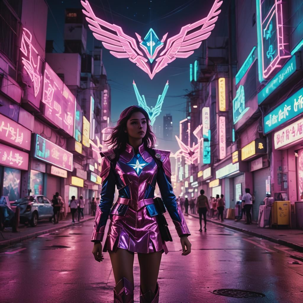 Diana as Star Guardian in Neon City, Synthwave Style