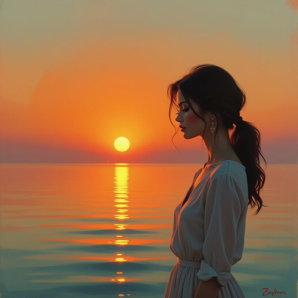 Woman at Glowing Horizon in Impasto Style