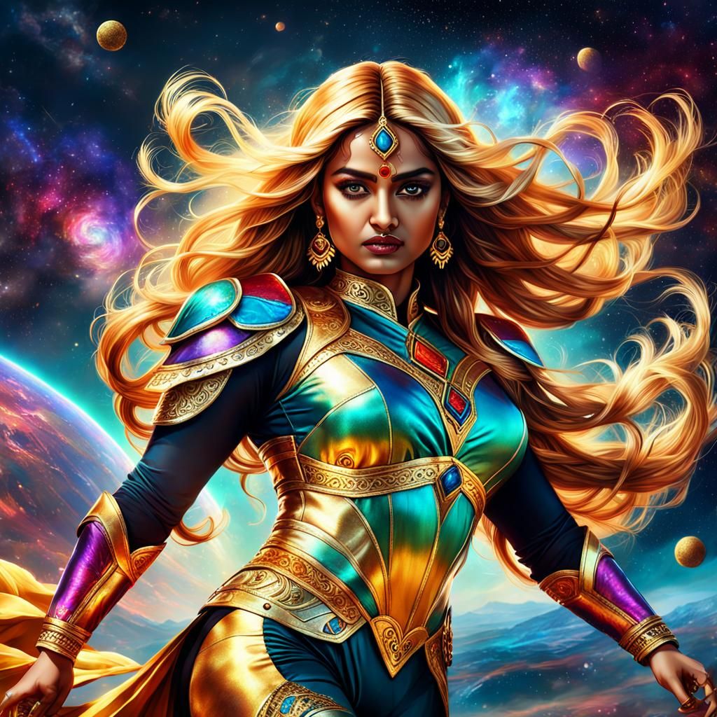 Bold Indian Fantasy Warrior in Cosmic Scene