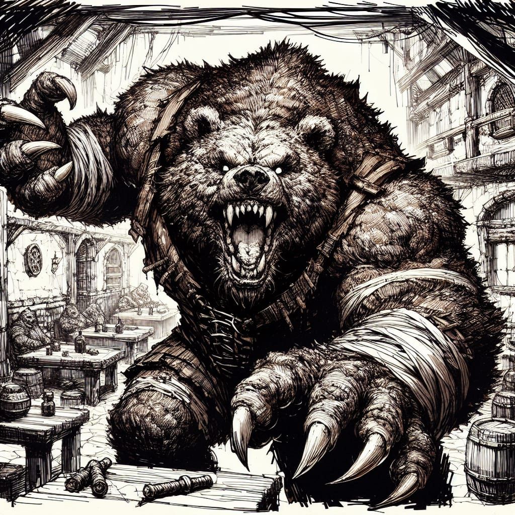 Feral Bear Ready for Tavern Brawl in Inked Style