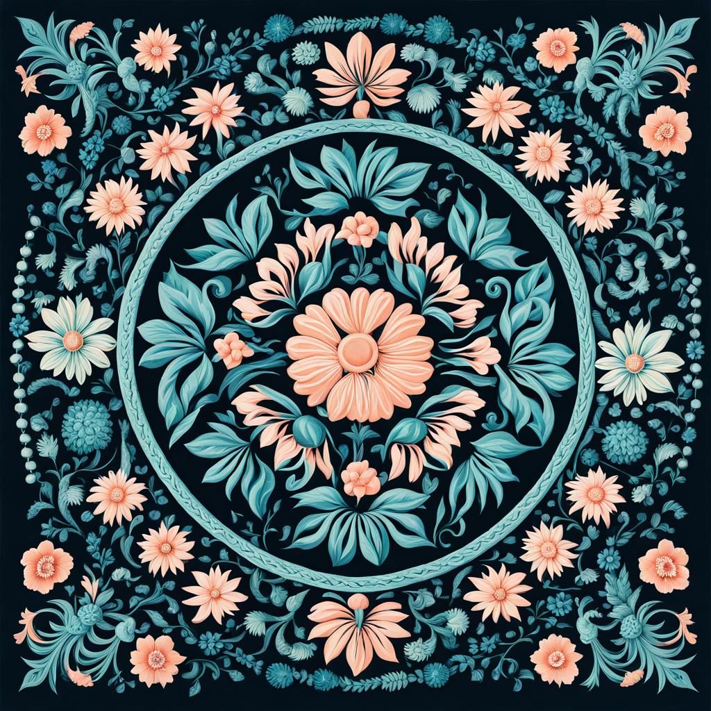 Aqua Peach Wildflower Medallion in Haeckel Style