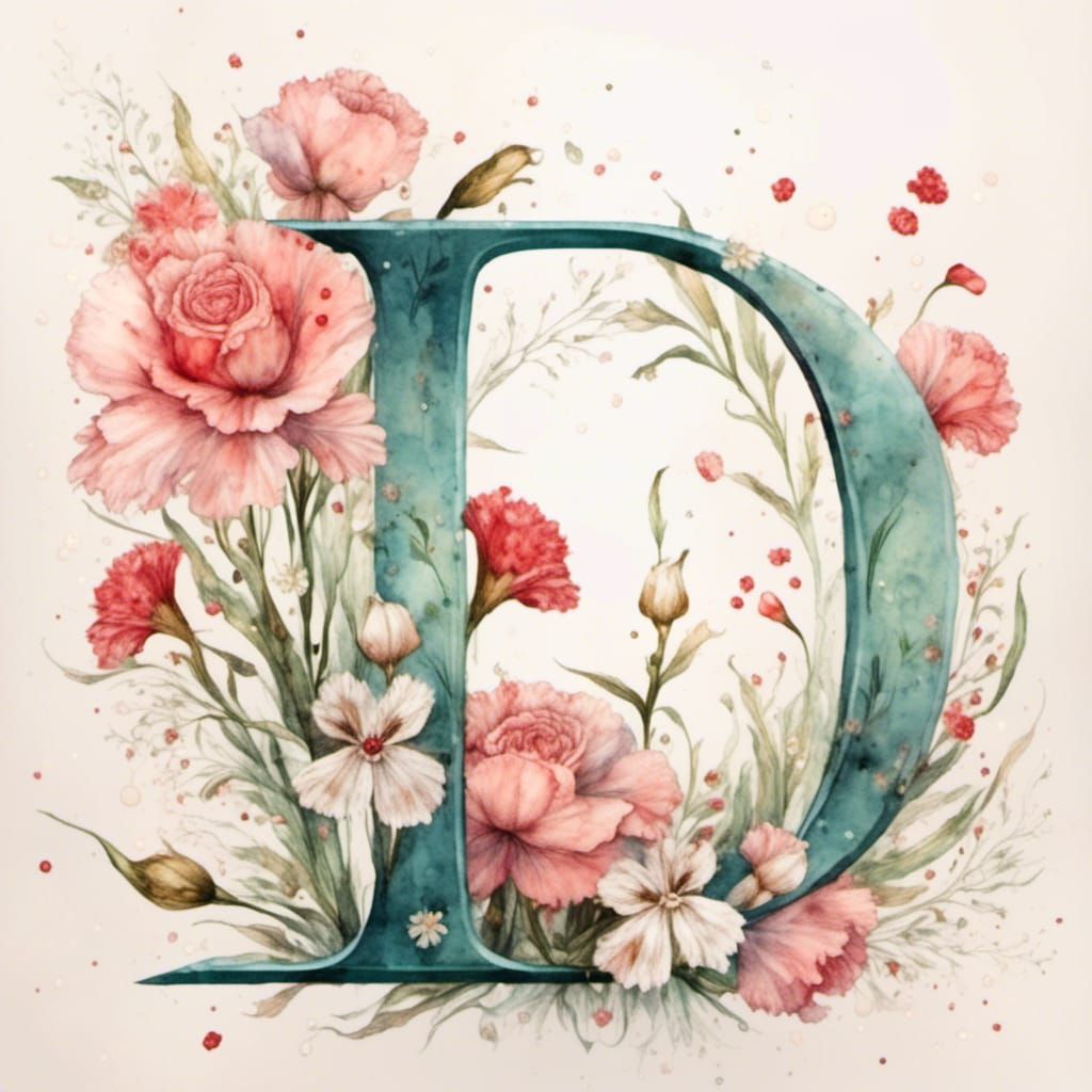 Letter D with Carnations in Watercolor Clipart