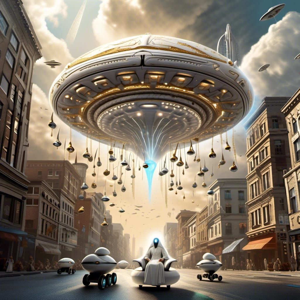 Surreal Sci-Fi UFO Throne Over Chaotic City
