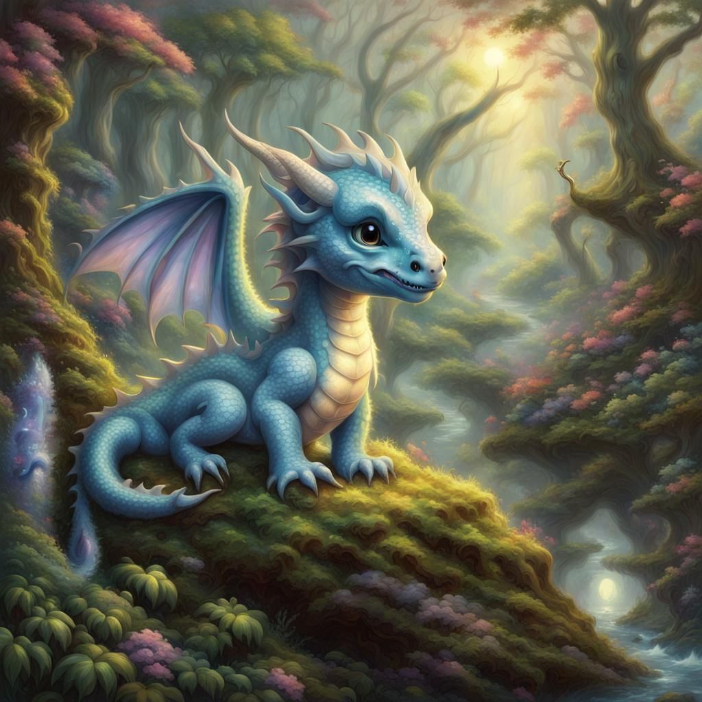Cute Baby Dragon in Magical Forest