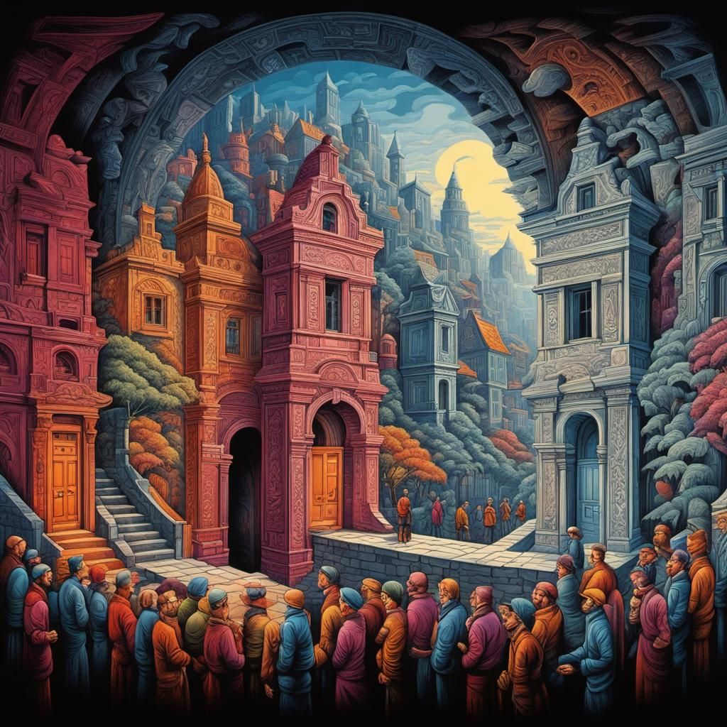 Cinematic Doorways in Escher-Inspired Style