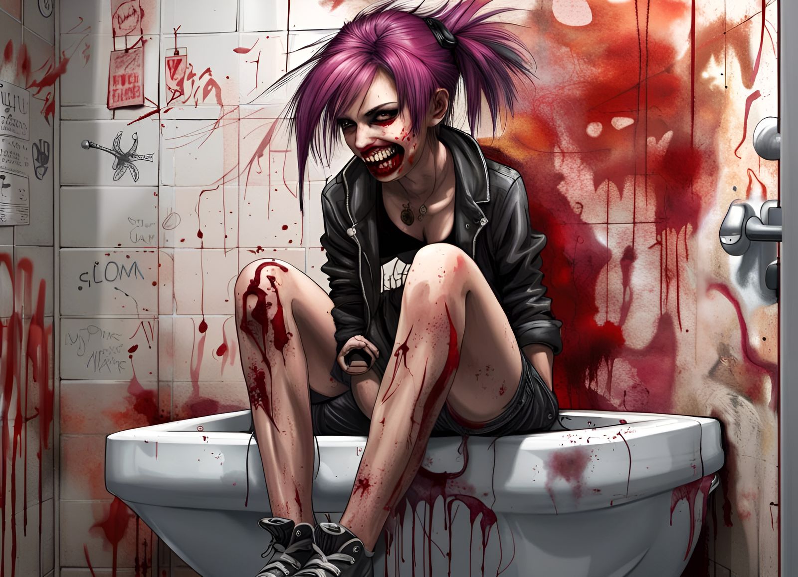 Sinister Punk Girl in Bloody Graffiti Bathroom