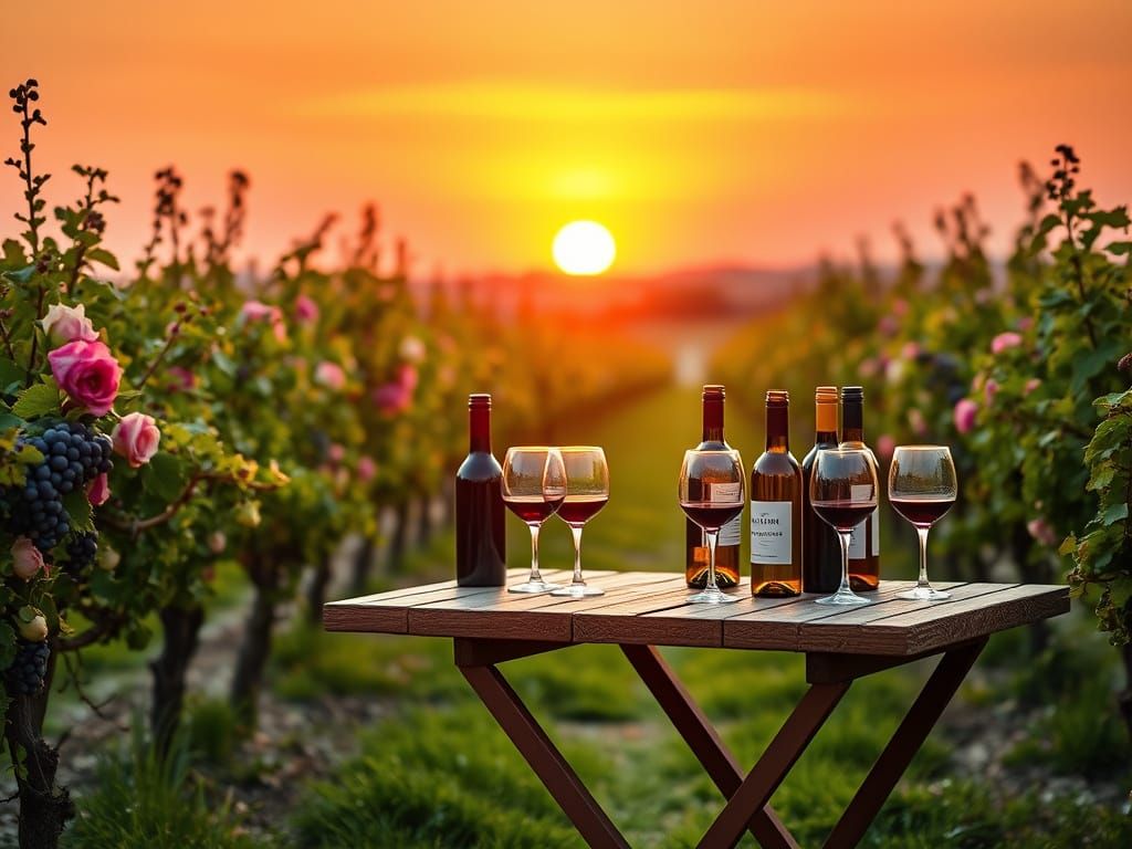 Vineyard Sunset with Wine and Glasses