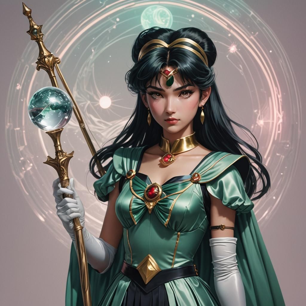 Hyperrealistic Portrait of Sailor Pluto with Staff