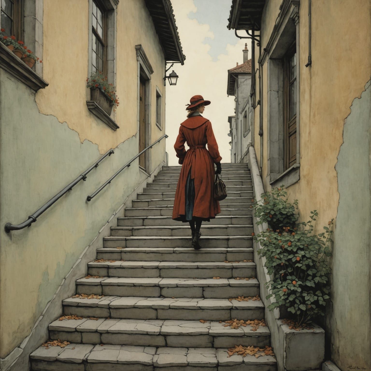 Woman Ascending Stairs in Whimsical, Colorful Style