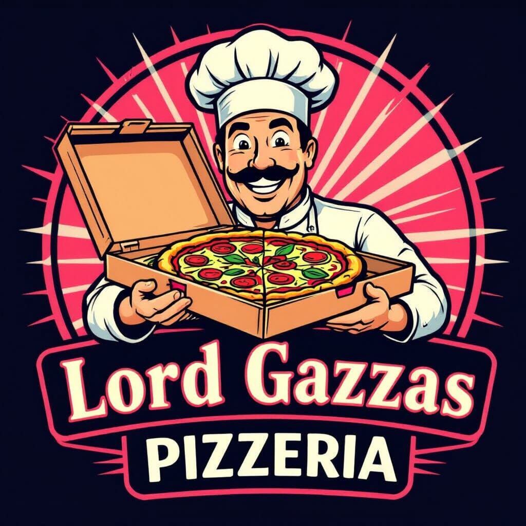 Lord Gazzas Pizzeria Logo: Italian Chef with Pizza