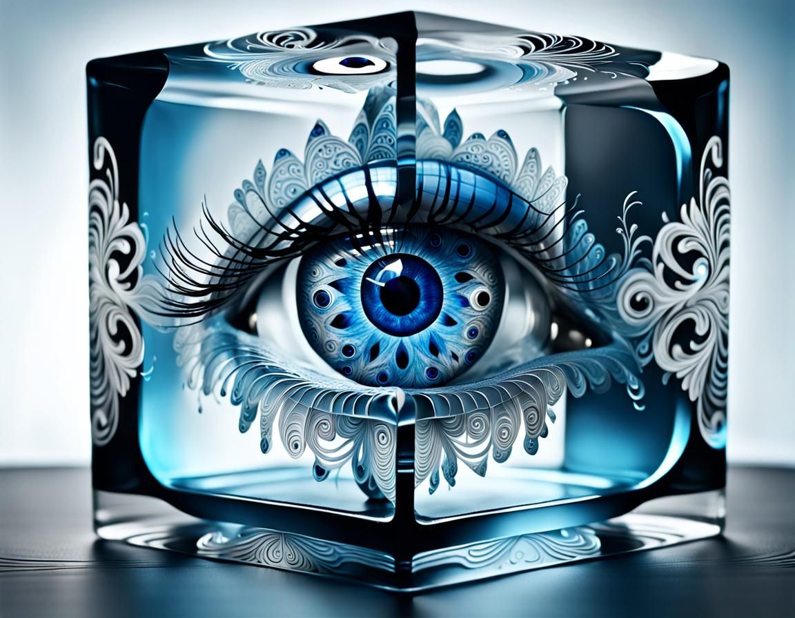 Surreal 3D Glass Cube with Ornate Eye