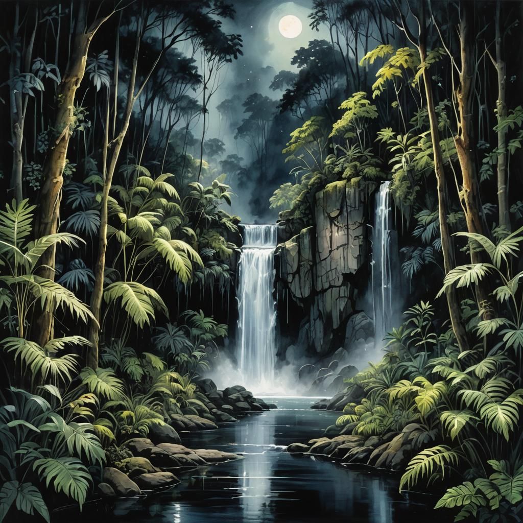 Moonlit Jungle Waterfall: Watercolor and Ink Impression
