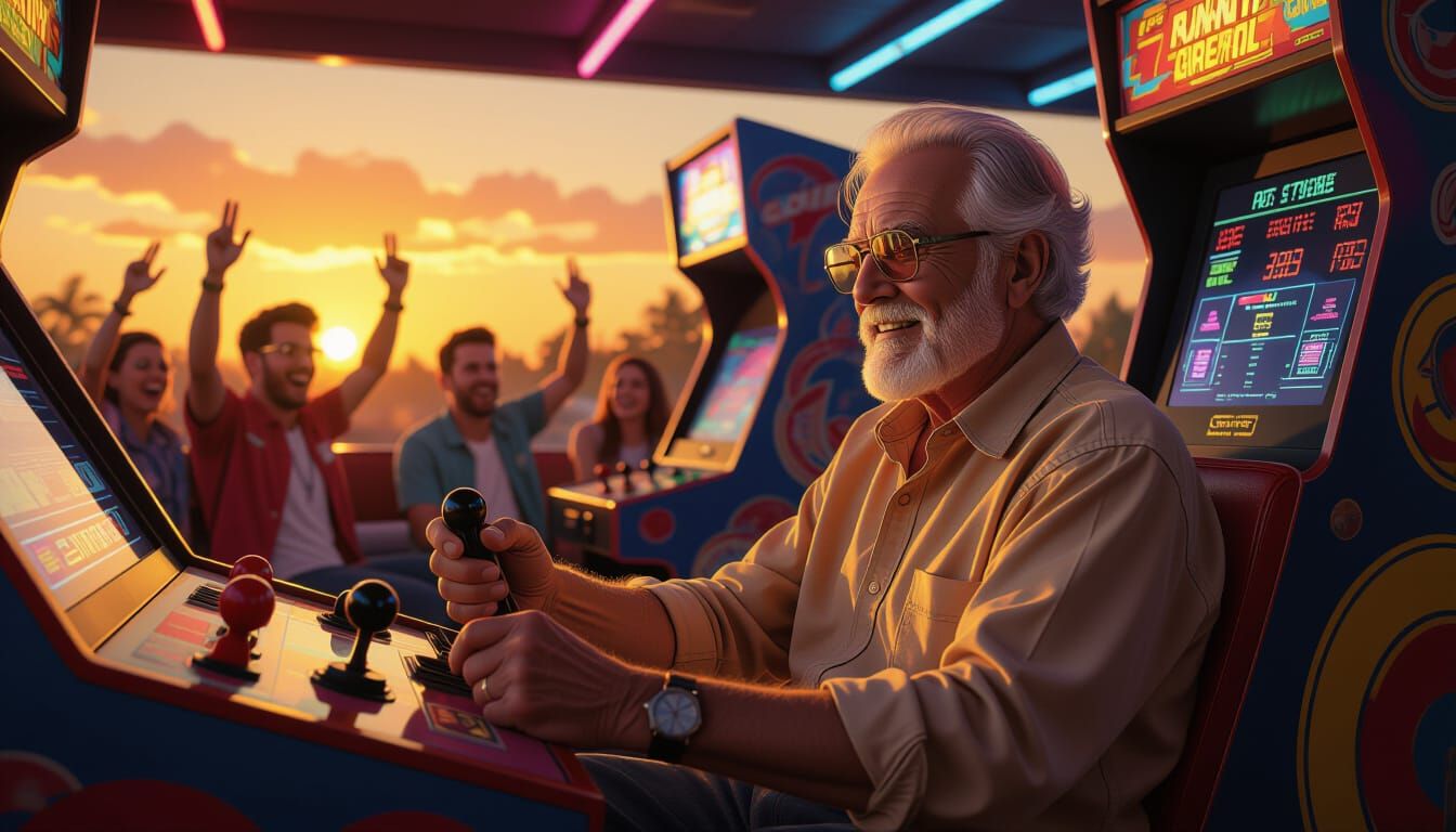Elderly Gamer at Retro Arcade, Hyperrealistic Style