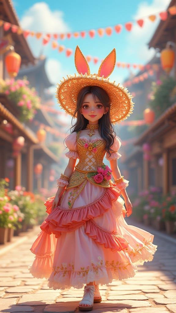 Elegant Woman Strolls Through Vibrant Easter Parade