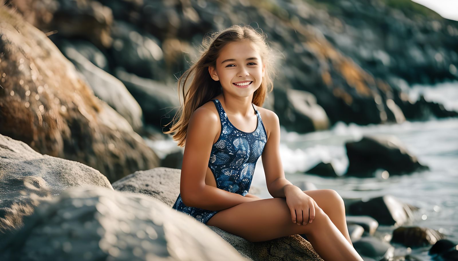 Smiling Teenager on Rocky Beach in Swimwear