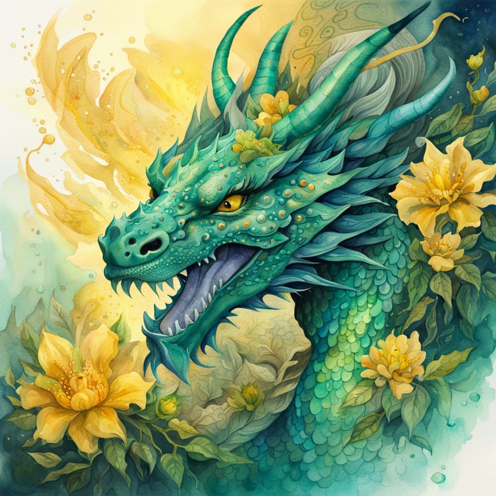 Detailed Watercolor Dragon with Flowers in Golden Light